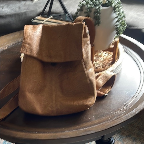 Embossed Tan Leather Backpack - Picture 4 of 6